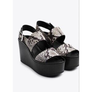 Vince Idalia Embossed Leather Platform Wedge Sandals Snakeskin Black White 9.5M